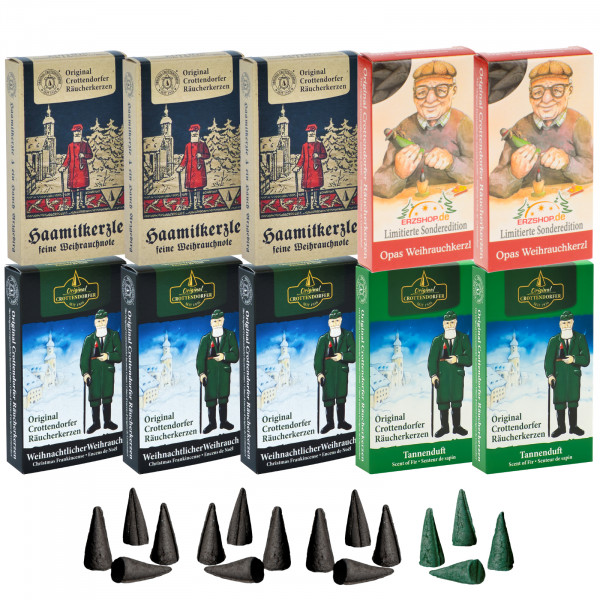 Original Crottendorfer Räucherkerzen Stille Nacht - 10 Schachteln - 3x Haamitkerzle, 3x Weihrauch, 2x Tannenduft, 2x Opas Weihrauchkerzl