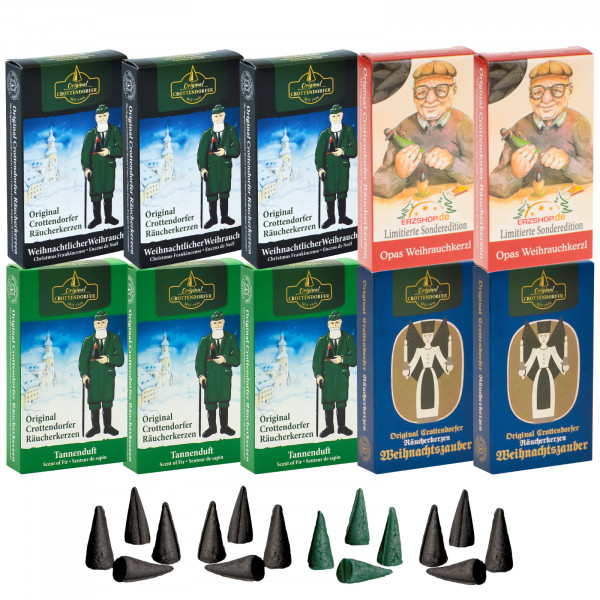 Original Crottendorfer Räucherkerzen Abendhimmel - 10 Schachteln - 3x Weihrauch, 3x Tannenduft, 2x Weihnachtszauber, 2x Opas Weihrauchkerzl
