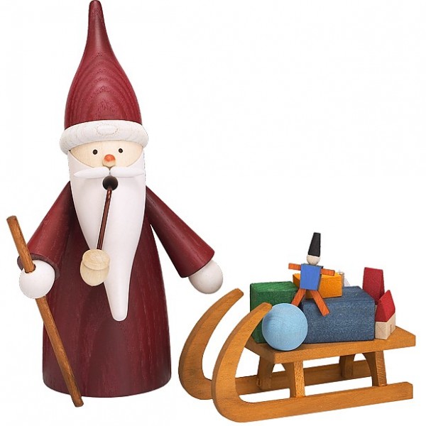 Seiffener Volkskunst Traditionswichtel zum Räuchern - Weihnachtsmann mit Schlitten