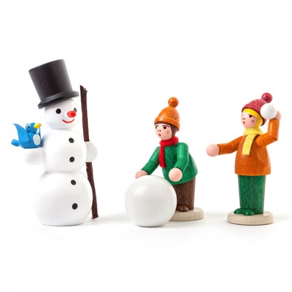 Dregeno Erzgebirge - Miniatur-Winterkinder mit Schneemann, farbig lasiert, 3 Figuren