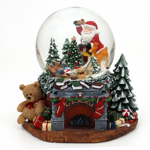 Restposten - Polyresin Schneekugel Weihnachtskamin mit Santa & Tannenbaum 25,5 x 20 x 22,5 cm Ø 15 cm Batteriebetrieb AA, LED, Bewegung, Farbwechsel,
