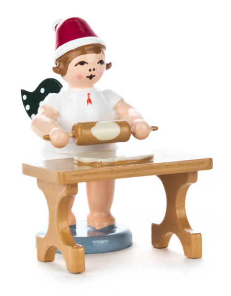 Dregeno Erzgebirge - Bäckerengel am Tisch mit Teigrolle und Mütze