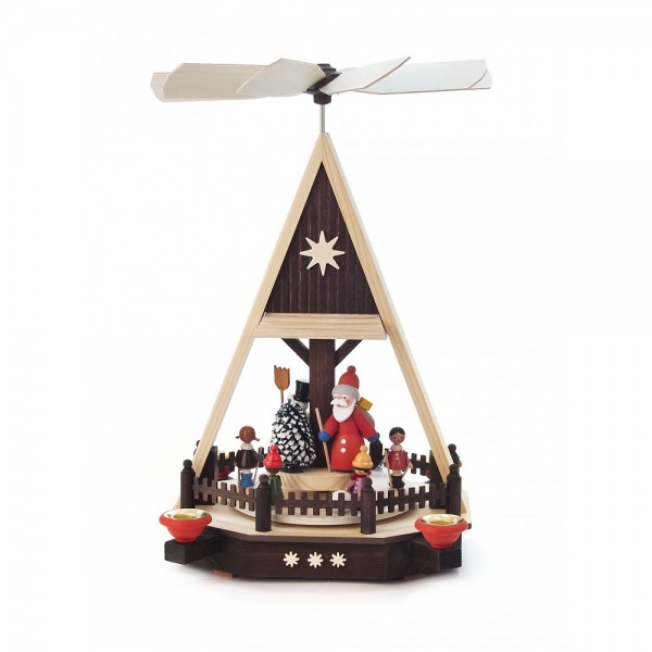 Dregeno Erzgebirge - Pyramide mit Kinder, Weihnachtsmann und Schneemann, für Kerzen - 34cm