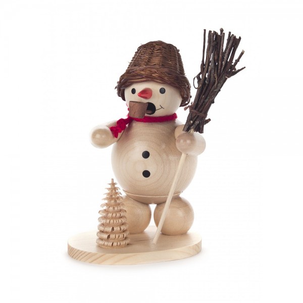 Dregeno Erzgebirge - Räuchermann Schneemann mit Korbhut, natur - 12cm