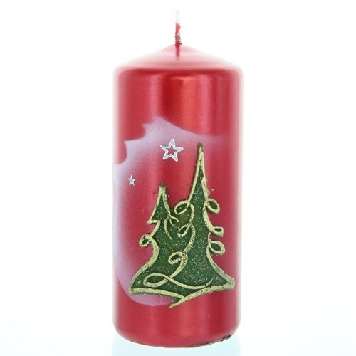 Weihnachtskerze Rot-metallic - Stumpen mit Tanne - 12cm