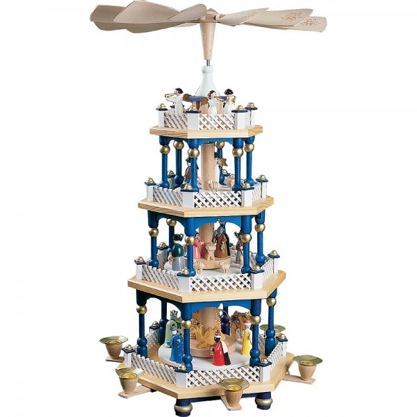 Richard Glässer Erzgebirgspyramide Christi Geburt 3-stöckig blau 54cm