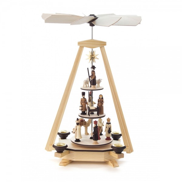 Dregeno Erzgebirge - Pyramide mit Christi Geburt, Figuren natur, 3-stöckig - 33cm