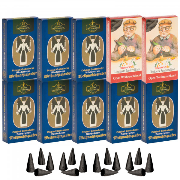 Original Crottendorfer Räucherkerzen Weihnachtszauber - 10 Schachteln - 8x Nostalie Edition Weihnachtszauber, 2x Opas Weihrauchkerzl