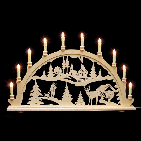 HELA Holzkunst - Schwibbogen Erzgebirge 10flammig - Waldmotiv Jäger