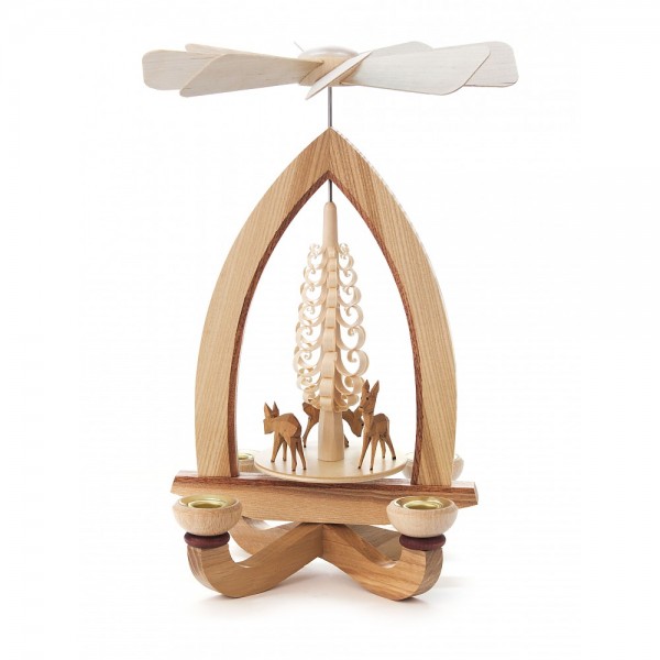 Dregeno Erzgebirge - Pyramide mit Spanbaum und geschnitzte Rehe, für Kerzen - 28cm