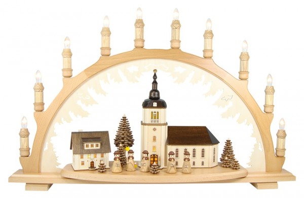 Lenk & Sohn Schwibbogen Erzgebirge 1-fach, 10-flammig Dorfkirche mit Kurrende