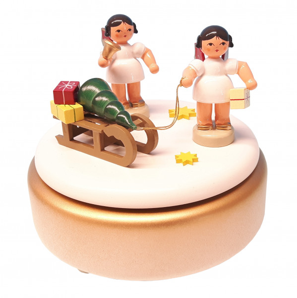 Spieldose weiß/gold mit 2 Engel und Geschenkeschlitten, rote Flügel