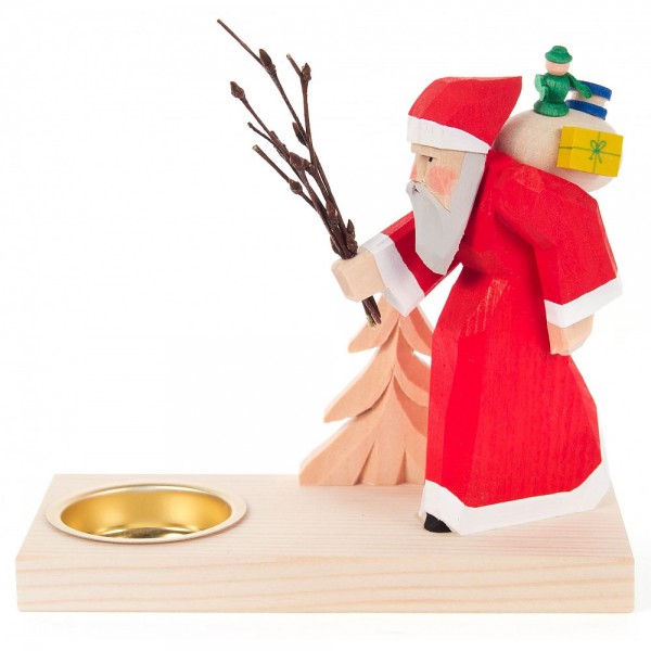 Dregeno Erzgebirge - Teelichthalter mit Weihnachtsmann und Bäumchen geschnitzt