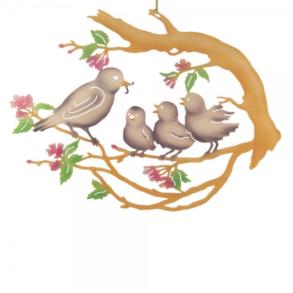 Dregeno Erzgebirge - Fensterbild, Motiv: Vogelfamilie auf Baum, farbig