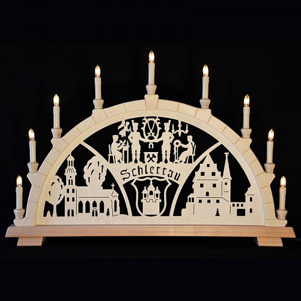 Holzkunst Niederle - Großer Schwibbogen mit geschnitzten Bogen - Motiv Schlettau