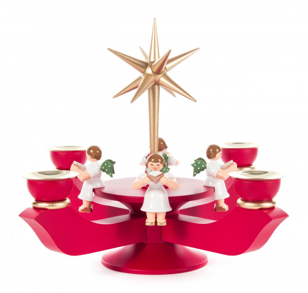 Dregeno Erzgebirge - Adventsleuchter mit Stern und sitzenden Engeln rot klein, für Kerzen Ø 17 mm