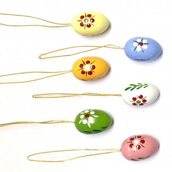 6 Stück Ostereier 22 mm, handbemalt mit Punkteblumen Motiv 3, 6 verschiedene Farben im Satz
