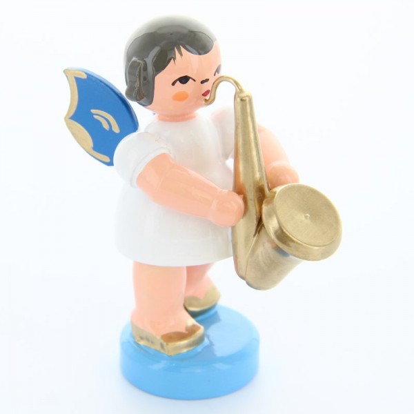 Uhlig Engel stehend mit Saxophon, blaue Flügel, handbemalt