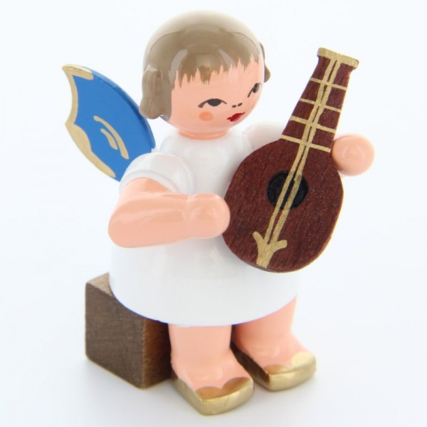 Uhlig Engel sitzend mit Mandoline, blaue Flügel, handbemalt