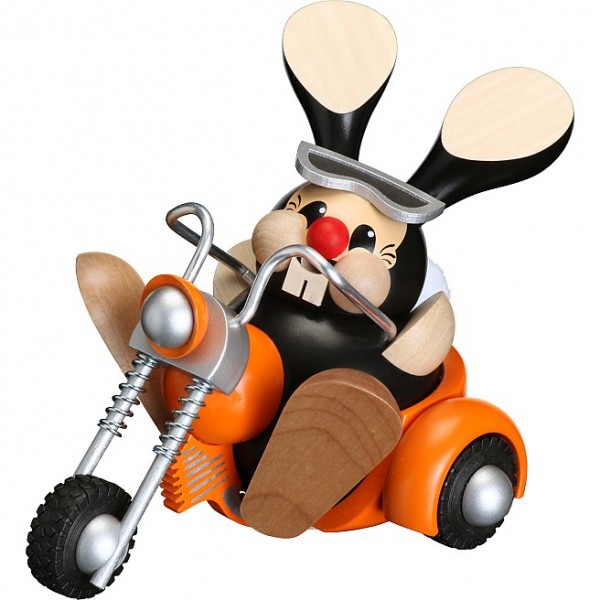 Seiffener Volkskunst Kugelräucherfigur Osterhase fährt Trike