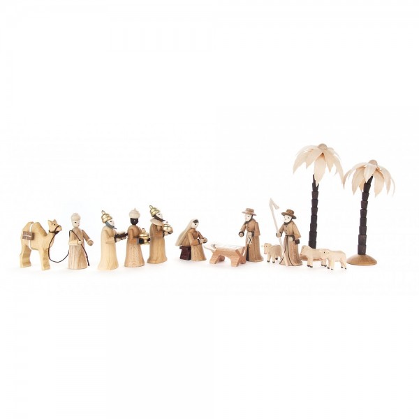 Dregeno Erzgebirge - Krippefiguren Christi Geburt und Palmen, natur - 14-teilig