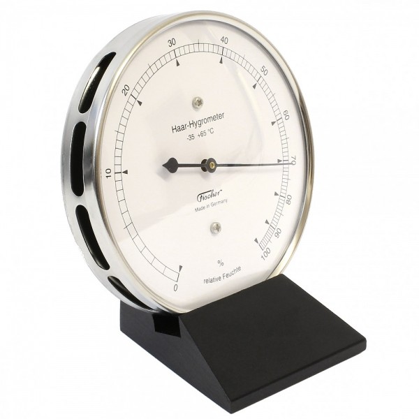 Fischer Präzis Haar-Hygrometer im Edelstahlgehäuse mit Holzfuss Schwarz