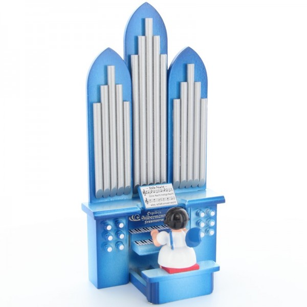 Uhlig Engel sitzend an der Orgel mit Spielwerk Stille Nacht" Kurzfassung, blaue Flügel, handbemalt