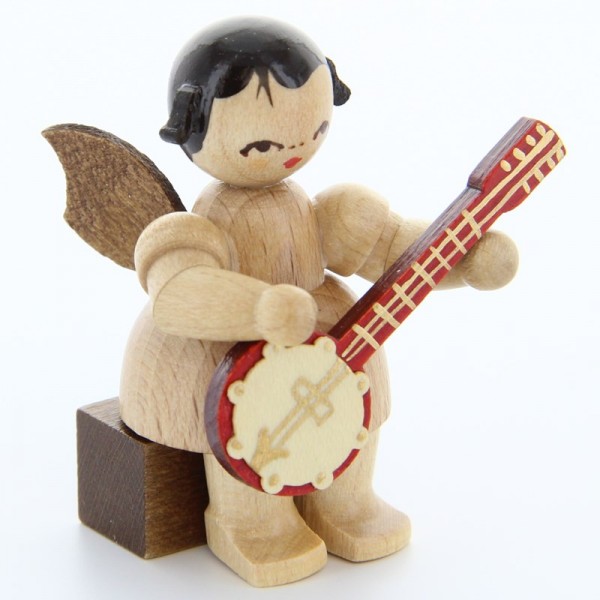 Uhlig Engel sitzend mit Banjo, natur, handbemalt
