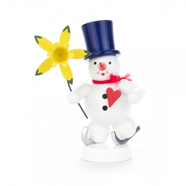 Dregeno Erzgebirge - Miniatur Schneemann auf Schlittschuh mit Narzisse - 8cm