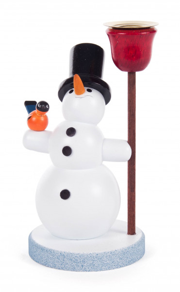 Dregeno Erzgebirge - Schneemann mit Kerzenhalter und schwarzem Zylinder, für Kerze Ø 14 mm