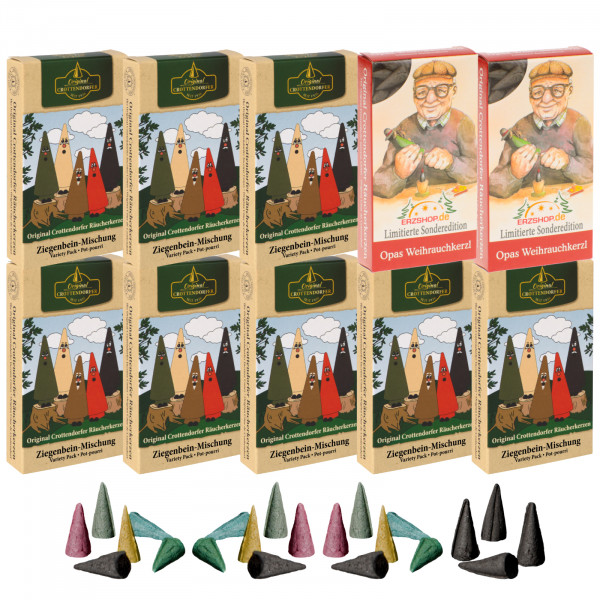Original Crottendorfer Räucherkerzen Ziegenbein-Mischung - 10 Schachteln - 8x Ziegenbein-Mischung, 2x Opas Weihrauchkerzl
