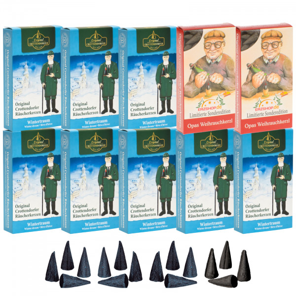 Original Crottendorfer Räucherkerzen Wintertraum - 10 Schachteln - 8x Wintertraum, 2x Opas Weihrauchkerzl