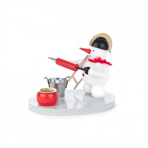 Dregeno Erzgebirge - Kerzenhalter mit Schneemann als Feuerwehrmann - 7cm