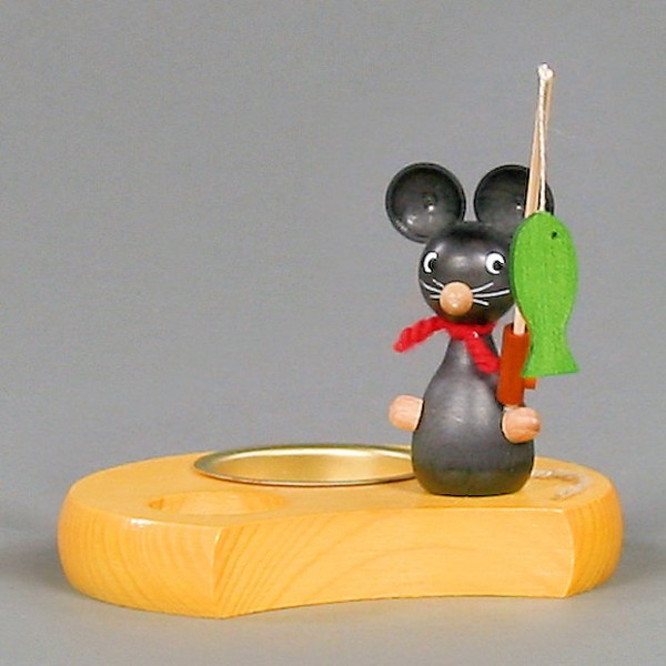 Dregeno Erzgebirge - Teelichthalter Maus mit Angel - 10cm