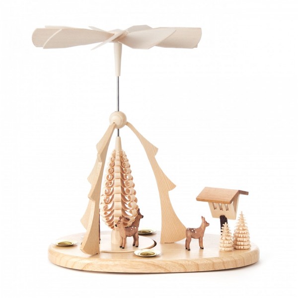 Dregeno Erzgebirge - Pyramide klein mit geschnitzte Rehe und Futterstelle, für Kerzen - 25cm