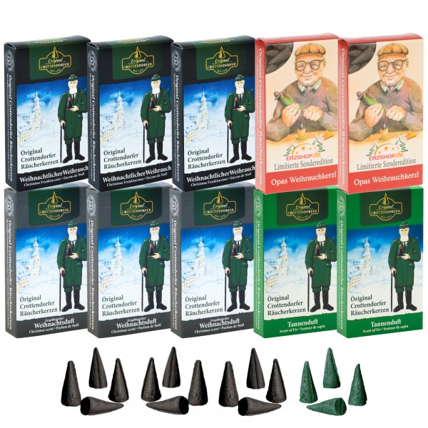 Original Crottendorfer Räucherkerzen Kerzenzauber - 10 Schachteln - 3x Weihrauch, 3x Weihnachtsduft, 2x Tannenduft, 2x Opas Weihrauchkerzl