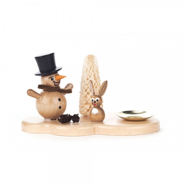 Dregeno Erzgebirge - Kerzenhalter mit Schneemann und Hase natur - 10cm