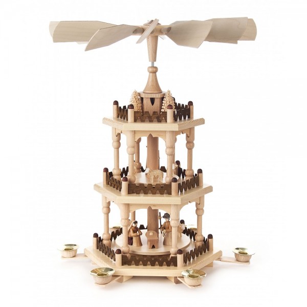 Dregeno Erzgebirge - Pyramide 3-stöckig mit Christi Geburt und Bäumchen - 41cm