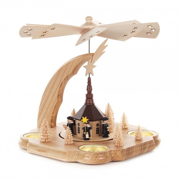 Dregeno Erzgebirge - Pyramide klein mit Seiffener Kirche, für Kerzen und Teelichter - 24cm