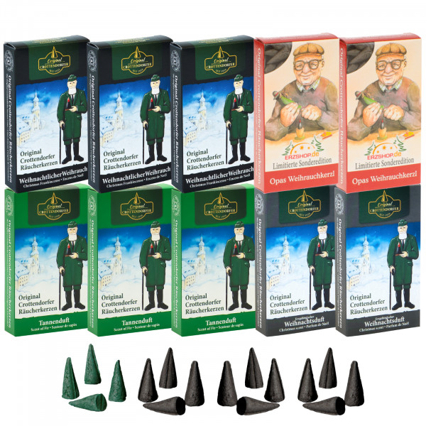 Original Crottendorfer Räucherkerzen Weihnachtstraum - 10 Schachteln - 3x Weihrauch, 3x Tannenduft, 2x Weihnachtsduft, 2x Opas Weihrauchkerzl