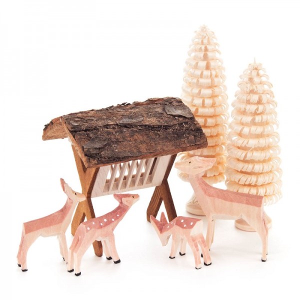 Dregeno Erzgebirge - Miniatur-Geschnitzte Rehe mit Futterraufe und Bäumchen, 7-teilig
