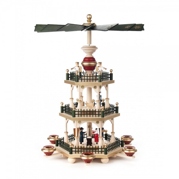 Dregeno Erzgebirge - Pyramide 3-stöckig mit Christi Geburt, farbig - 38cm