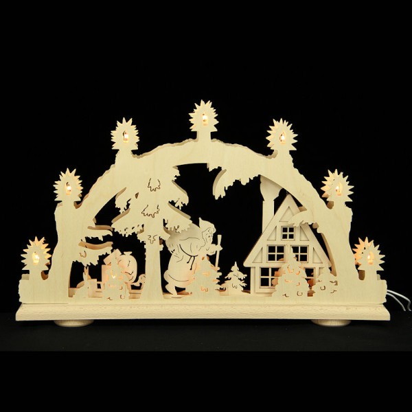 HELA Holzkunst - 3D Schwibbogen Erzgebirge 10flammig - Waldhaus mit Weihnachtsmann