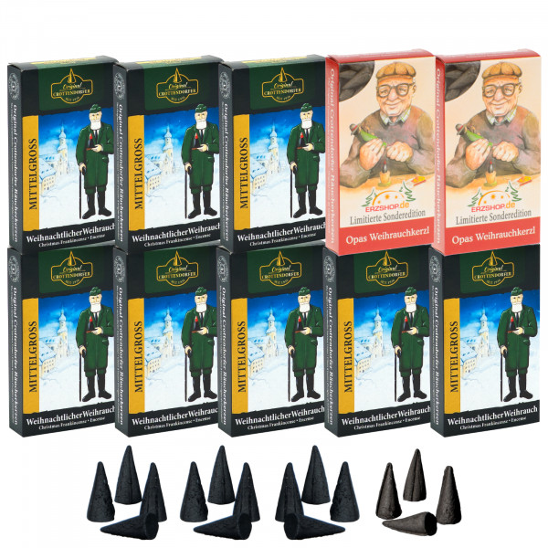 Original Crottendorfer Räucherkerzen Weihrauch mittelgroß - 10 Schachteln - 8x Weihrauch mittelgroß, 2x Opas Weihrauchkerzl