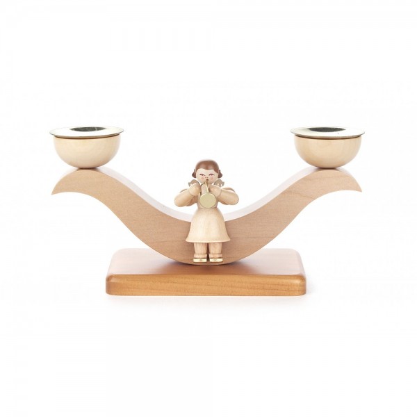 Dregeno Erzgebirge - Leuchter 2armig mit sitzenden Engel, natur - 8cm
