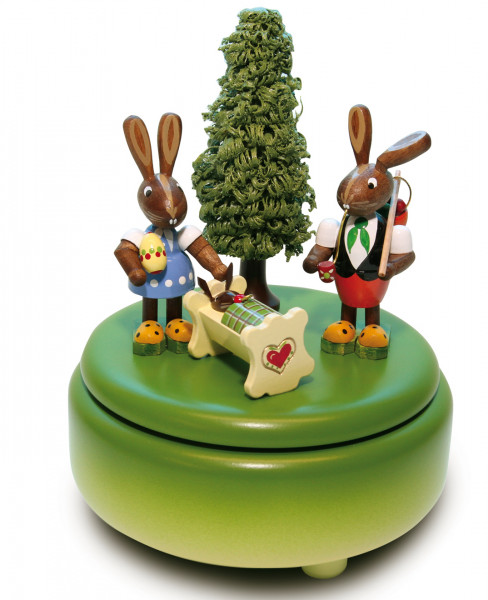 Spieldose grün mit 2 Osterhasen und Wiege