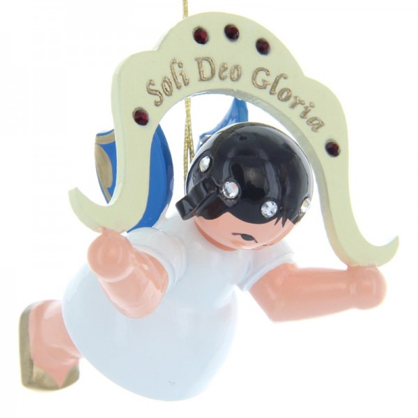 Uhlig Schwebeengel "Soli deo Gloria", blaue Flügel, Sonderedition Swarovski, handbemalt
