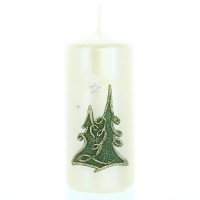 Restposten: Weihnachtskerze Weiß-metallic - Stumpen mit Tanne - 12cm Restposten: Weihnachtskerze Weiß-metallic - Stumpen mit Tanne - 12cm