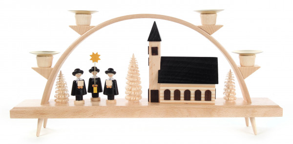 Dregeno Erzgebirge - Schwibbogen mit Kirche und Kurrende, für Kerzen Ø 14 mm