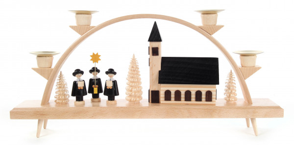 Dregeno Erzgebirge - Schwibbogen mit Kirche und Kurrende, für Kerzen Ø 14 mm